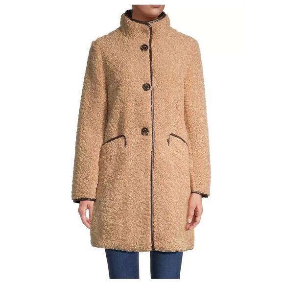 Sam Edelman NWT Camel Brown Long Soft Teddy Coat Faux Leather Accents Women's XL - Picture 2 of 16